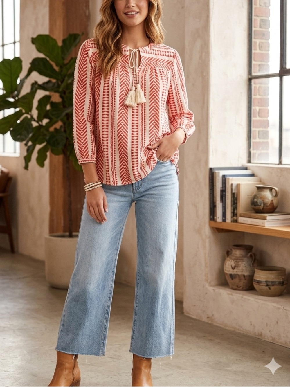 Chico's Red & White Geometric Chevron Print Long Sleeve Tassel Blouse❤️